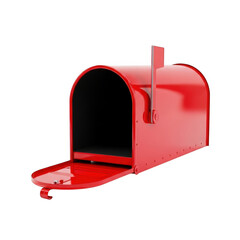 Classic red metal mailbox with open door isolated on transparent background