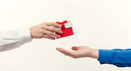 Hand giving a red gift box to another hand isolated on white background