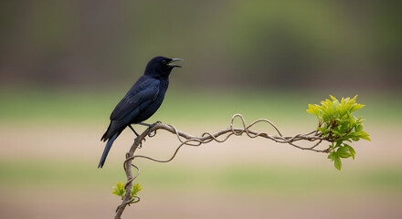 A forktailed drongo perched on a vine with green leaves against a blurred background in nature