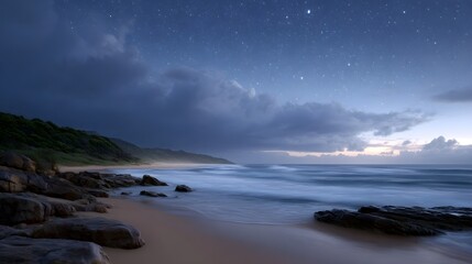 Fototapeta premium Serene beach coastline under a starry twilight sky with gentle ocean waves