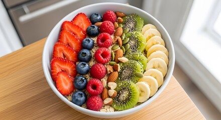 A vibrant fruit and nut bowl with strawberries blueberries kiwi banana and raspberries on a wooden surface
