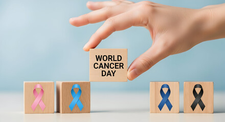 Hand placing wooden block with world cancer day text on table with cancer ribbon symbol