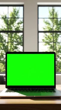 Green Screen laptop with blank static footage trees swaying or moving in the wind home interior loft office background 4k 24fps uhd loop video scene 4 distortion, overlay, glitch, noise, scan lines on