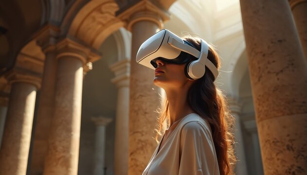 Woman wears VR headset exploring digital museum with ancient columns. Future tech meets heritage. Girl views virtual reality exhibition. Immersive art experience.