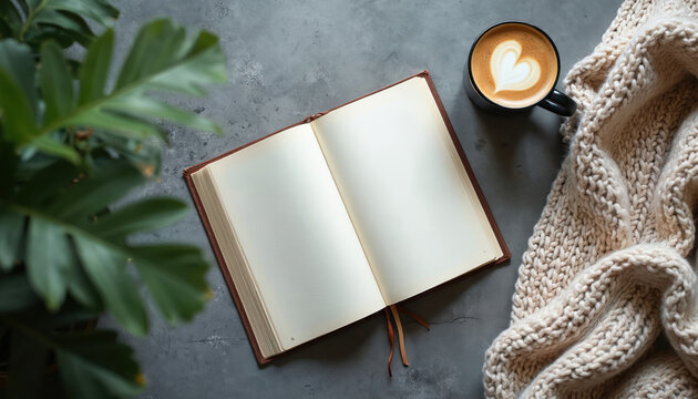 Flat lay of open blank book next to coffee cup with latte art heart. Cozy knitted blanket and green plant on grey surface. Copy space for text.