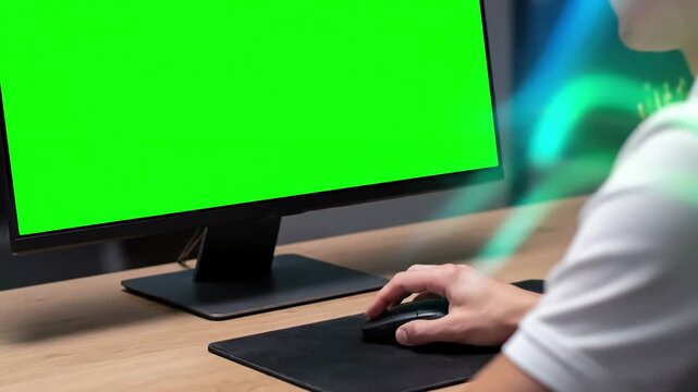 Green Screen office guy using chromakey computer closeup worker hand holding mouse device scene 4 with distortion, overlay, glitch, static noise, scan lines on black background, 4k animated video loop