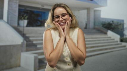 Woman with glasses smiling and hands pressed to cheeks showing bare forearms, posing on building steps outdoors in daylight; joy confidence.