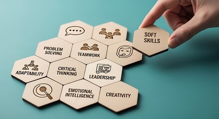 Hand placing a hexagon tile labeled soft skills into a honeycomb structure of various professional skills