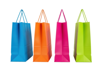 Four empty shopping bags (blue, orange, fuchsia, lime green) in a linear row on white background with copy space, soft shadows. Modern retail concept