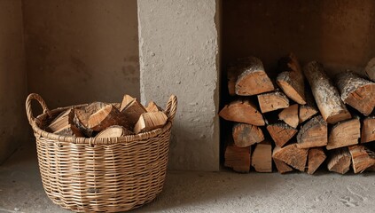 Still Life with Firewood and Wicker Basket, Beige Tones, Contrasting Textures.