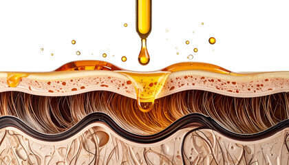 Cross-section depiction of skin and hair, with a serum droplet being applied