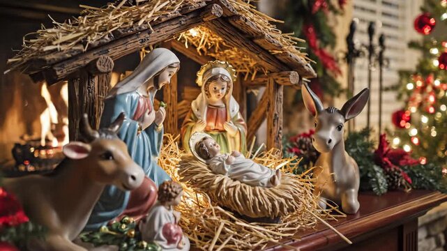Nativity Scene Figurine Display - This video displays a Christmas Nativity scene set on a mantel, featuring figurines of Mary, Joseph, baby Jesus in a manger with a small angel, a cow, and a donkey.