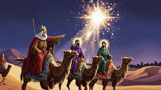 Three Kings Journey to Bethlehem - This video depicts the three wise men or kings, Melchior, Caspar, and Balthazar, riding camels across a desert landscape towards Bethlehem, guided by a bright star