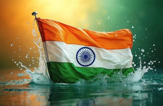 Indian flag plunges into clear water, creating dynamic splash, droplets. National tricolor banner with Ashoka Chakra waves in refreshing liquid against vibrant gradient background. Patriotism concept