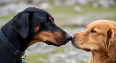 Close up of a doberman and golden retriever dog touching noses in a loving manner