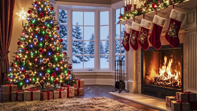 Cozy Christmas Living Room - A beautifully decorated Christmas tree stands next to a bay window showing a snowy outdoor scene.