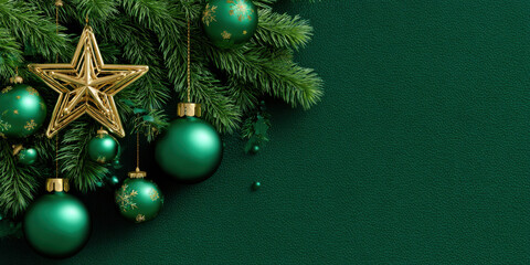 Festive green Christmas tree branches adorned with shiny gold star and vibrant ornaments create a joyful holiday atmosphere with ample copy space for seasonal greetings
