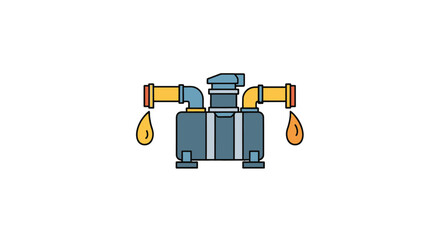 Stylized industrial fluid pump with a blue tank and two yellow pipes dripping liquid.