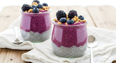 Two glasses of chia seed pudding with berries and granola on wooden table isolated on white background