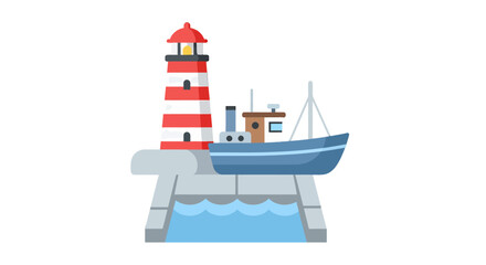 Stylized Lighthouse and Fishing Boat Docked at Harbor.