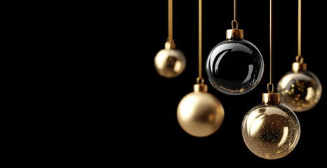 Elegant hanging Christmas ornaments in gold and black colors, showcasing a festive atmosphere with shimmering textures and a dark background, perfect for holiday decoration themes