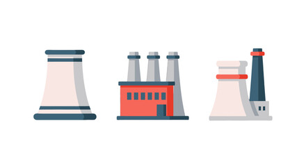 Stylized flat design vector icons of industrial factories power plants and cooling towers with chimneys.