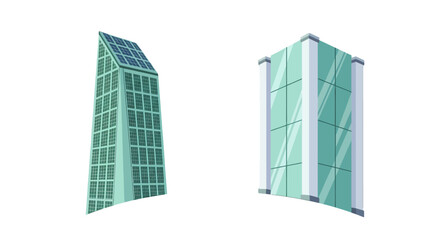 Two Modern Stylized Glass Skyscrapers One with EcoFriendly Solar Panels.