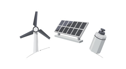 Vector Illustration of Renewable Energy Sources Wind Turbine Solar Panel and Battery.
