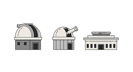 Vector Illustration of Three Distinct Observatory Buildings in Simple Style.
