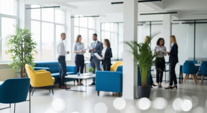 Bright Modern Office Collaboration with Bokeh Background. team of business professionals collaborating in the background. soft bokeh blur. Designed as a versatile background with ample copy space
