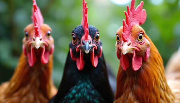 Close up photo shows three chickens looking at camera. Birds have colorful feathers red combs. Farm poultry against blurred green background. Agriculture concept.