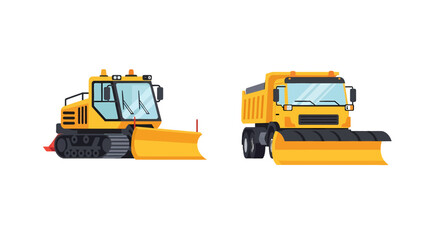 Yellow snowplow truck and tracked snowcat machinery set for winter road maintenance.