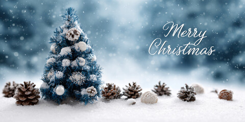 Blue Christmas tree adorned with snow and ornaments, surrounded by pine cones on a snowy surface, creating a festive winter holiday atmosphere with copy space