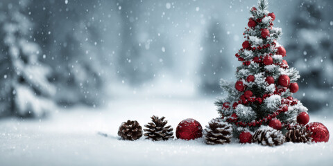 Obraz premium Snow-covered Christmas tree adorned with red ornaments stands amidst pine cones on a winter landscape, creating a festive holiday atmosphere with soft falling snowflakes
