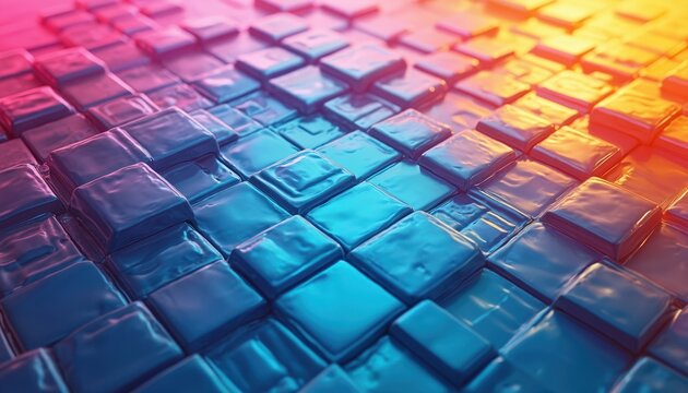Glossy cubes form abstract geometric pattern. Colorful gradient light moves across structured surface. Modern digital art background for tech themes.