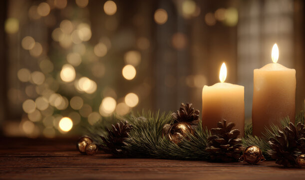 Two lit candles surrounded by pine branches and pine cones on a wooden table, with a softly blurred Christmas tree and warm bokeh lights creating a cozy holiday atmosphere