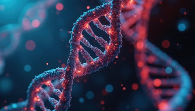 Close-up of DNA helix rendered in vibrant red, blue hues. Molecular structure glows with intricate detail suggesting advanced research. Digital artwork represents scientific innovation, genetic