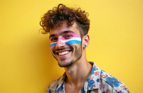 Young smiling man with transgender flag face paint stands against yellow background. Wears colorful shirt, shows pride, confidence. Looks at camera with happy expression. Editorial photo.