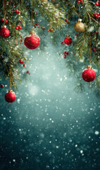 Festive holiday decorations featuring red and gold ornaments hanging from evergreen branches, surrounded by falling snowflakes, creating a magical winter atmosphere with copy space