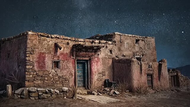 Ancient adobe dwelling under a starlit expanse, embracing history and solitude