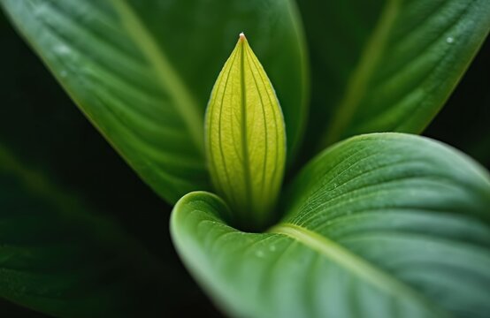 Macro close-up of vibrant green plant bud tightly furled. New leaves emerge from center. Broad dark green foliage surrounds, creating beautiful organic natural pattern. Growth, freshness, life,