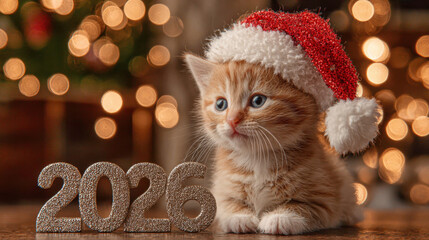 Adorable orange tabby kitten wearing a festive red and white Santa hat sits beside sparkling 2026 numbers, surrounded by warm holiday lights creating a joyful atmosphere