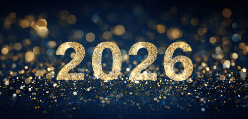 Golden glittering numbers 2026 on a dark background, surrounded by sparkling bokeh lights, creating a festive atmosphere for New Year celebrations and joyful moments