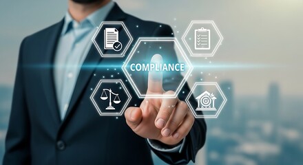 Businessman touching a glowing hexagon with the word compliance, surrounded by icons representing legal and regulatory concepts