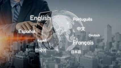 Global communication with multiple languages, digital translation tools, multilingual technology,...