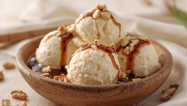 Scoops of Creamy Delight with Caramel Touch, Enhanced by Crunchy Nut Pieces.
