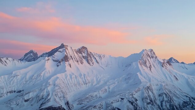 Broad, snowy mountain peaks under a soft pastel dusk sky. A tranquil winter landscape with serene, soft light.
