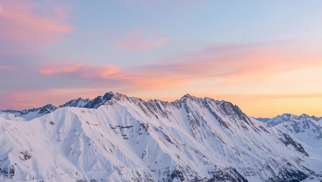 Broad, snowy mountain peaks under a soft pastel dusk sky. A tranquil winter landscape with serene, soft light.
 - Powered by Adobe