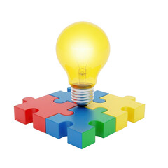 Illuminated light bulb resting on colorful puzzle pieces isolated on transparent background