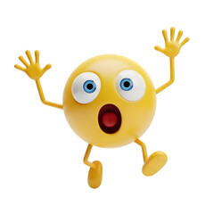 Scared yellow emoji character jumping isolated on transparent background